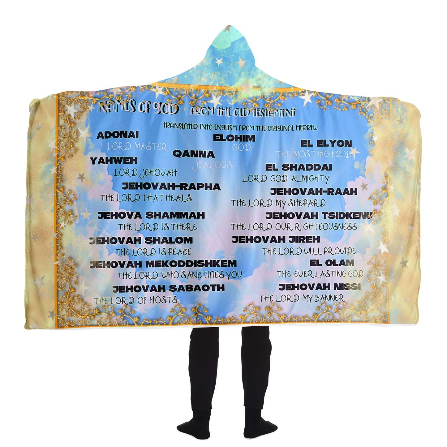 Names of GOD Hooded Blanket in Hebrew and English